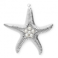 Roestvrij stalen (RVS) Stainless steel bedels zeester met imitatieparels Silver-white
