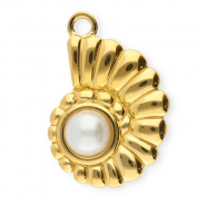 Roestvrij stalen (RVS) Stainless steel bedels schelp met imitatieparel Gold-white