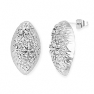 Roestvrij stalen (RVS) Stainless steel onderdelen oorbellen / oorstekers ovaal met bloemen met oogje Silver