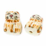 Kralen keramiek kat Off white-light brown-black