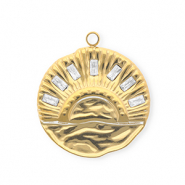 Roestvrij stalen (RVS) Stainless steel bedels met strass rond met zonsondergang Gold-crystal