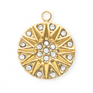Roestvrij stalen (RVS) Stainless steel bedels met strass rond met zon Gold-crystal