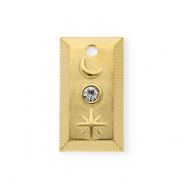 Roestvrij stalen (RVS) Stainless steel bedels met strass rechthoek met maan en ster Gold-crystal