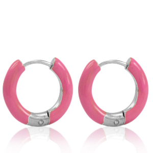 Roestvrij stalen (RVS) Stainless steel oorbellen creolen enamel 16mm Thulian pink-silver