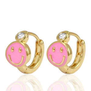 Brass TQ metaal oorbellen creolen enamel smiley Pink crystal-gold