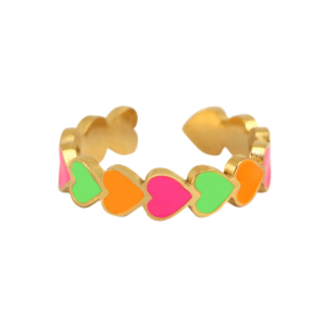 Roestvrij stalen (RVS) Stainless steel ringen enamel hart Neon multicolour-gold
