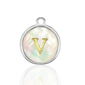 Roestvrij stalen (RVS) Stainless steel bedels 12mm shell initial V White (natuurlijke kleur)-silver