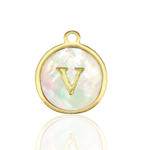 Roestvrij stalen (RVS) Stainless steel bedels 12mm shell initial V White (natuurlijke kleur)-gold