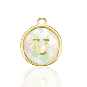 Roestvrij stalen (RVS) Stainless steel bedels 12mm shell initial U White (natuurlijke kleur)-gold