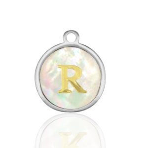 Roestvrij stalen (RVS) Stainless steel bedels 12mm shell initial R White (natuurlijke kleur)-silver