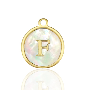 Roestvrij stalen (RVS) Stainless steel bedels 12mm shell initial F White (natuurlijke kleur)-gold