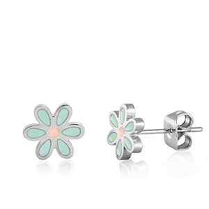 Roestvrij stalen (RVS) Stainless steel oorbellen flower Turquoise-silver