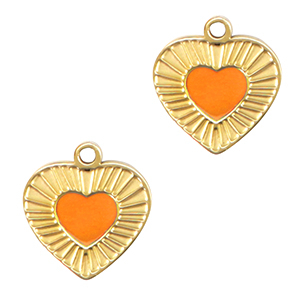 Roestvrij stalen (RVS) Stainless steel bedels hart Neon orange-gold