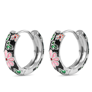 Brass TQ metaal creolen met enamel flower Silver-black pink