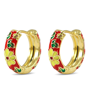 Brass TQ metaal creolen met enamel flower Gold-red yellow
