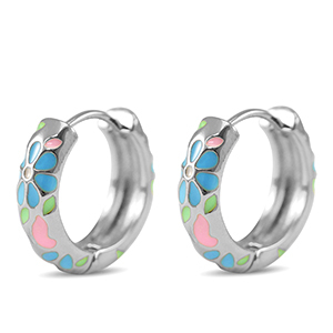Brass TQ metaal creolen met enamel flower Silver-pink blue