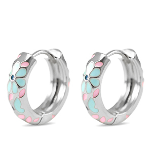 Brass TQ metaal creolen met enamel flower Silver-blue pink