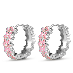 Brass TQ metaal creolen met enamel flower Silver-pink