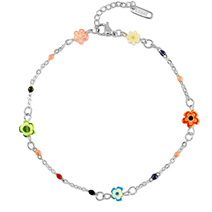 Roestvrij stalen (RVS) Stainless steel enkelbandjes millefiori flower Silver-multicolour