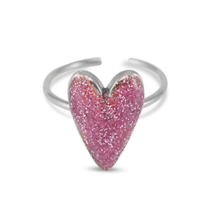 Roestvrij stalen (RVS) Stainless steel ringen enamel hart glitter Vermilion pink-silver