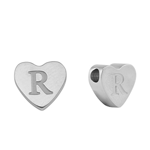 Roestvrij stalen (RVS) Stainless steel kralen hart letter R Silver