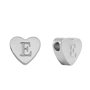 Roestvrij stalen (RVS) Stainless steel kralen hart letter E Silver