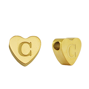 Roestvrij stalen (RVS) Stainless steel kralen hart letter C Gold