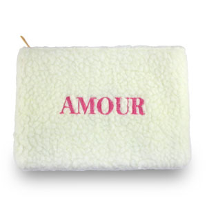 Etui van teddystof "AMOUR" Off white-pink
