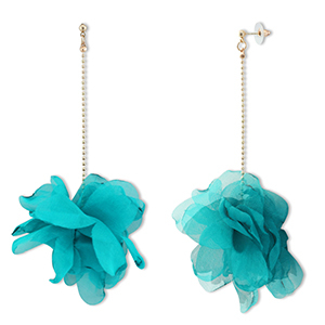 Trendy oorbellen/oorstekers chiffon bloem Teal green-gold