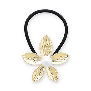 Haaraccessoires haarelastiek met metaal bloem met imitatieparel Gold-black-white