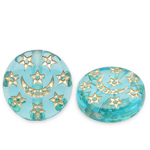 Acryl kralen disc met maan en sterren Teal blue-gold