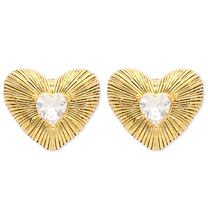 Roestvrij stalen (RVS) Stainless steel oorbellen / oorstekers hart Gold-crystal