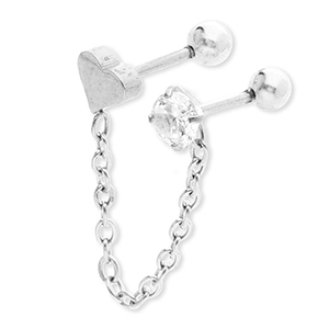 Roestvrij stalen (RVS) Stainless steel oorpiercing hart met ketting & strass Silver-crystal