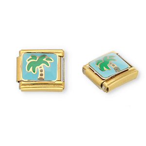 Roestvrij stalen (RVS) Stainless steel Italian charms losse schakels palmboom Gold-light blue-green