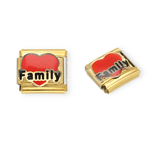 Roestvrij stalen (RVS) Stainless steel Italian charms losse schakels hart "Family" Gold-red-black