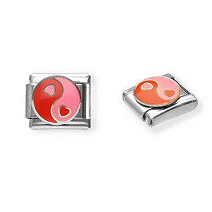 Roestvrij stalen (RVS) Stainless steel Italian charms losse schakels hart Yin & Yang Silver-pink-red