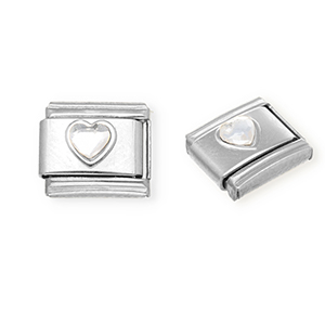 Roestvrij stalen (RVS) Stainless steel Italian charms losse schakels hart met strass Silver-crystal