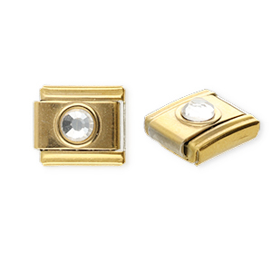 Roestvrij stalen (RVS) Stainless steel Italian charms losse schakels rond met strass Gold-crystal