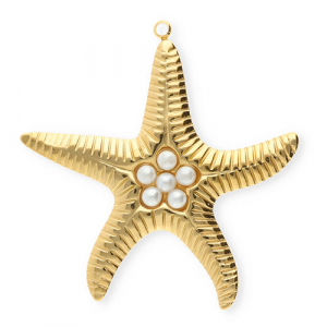 Roestvrij stalen (RVS) Stainless steel bedels zeester met imitatieparels Gold-white