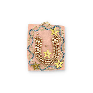 Handgemaakte bedels van stof hoefijzer Salmon pink-blue-gold