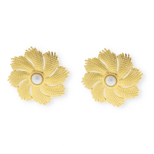 Roestvrij stalen (RVS) Stainless steel onderdelen oorbellen&nbsp;/&nbsp;oorstekers bloem met imitatie parel met oogje Gold-white