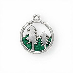 Roestvrij stalen (RVS) Stainless steel bedels met enamel rond met bomen Silver-green