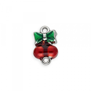 Roestvrij stalen (RVS) Stainless steel onderdelen tussenstuk met enamel kersen met strik Silver-red-green