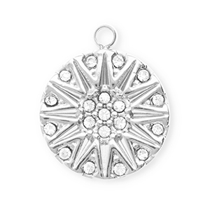 Roestvrij stalen (RVS) Stainless steel bedels met strass rond met zon Silver-crystal